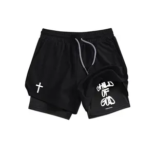 Black ‘Child of God’ Cross Shorts, Fitness Shorts, Streetwear Sports Shorts, Regular Fit Breathable Quick Drying Shorts for Gym Workout Running, Casual Men's Sportswear for Summer