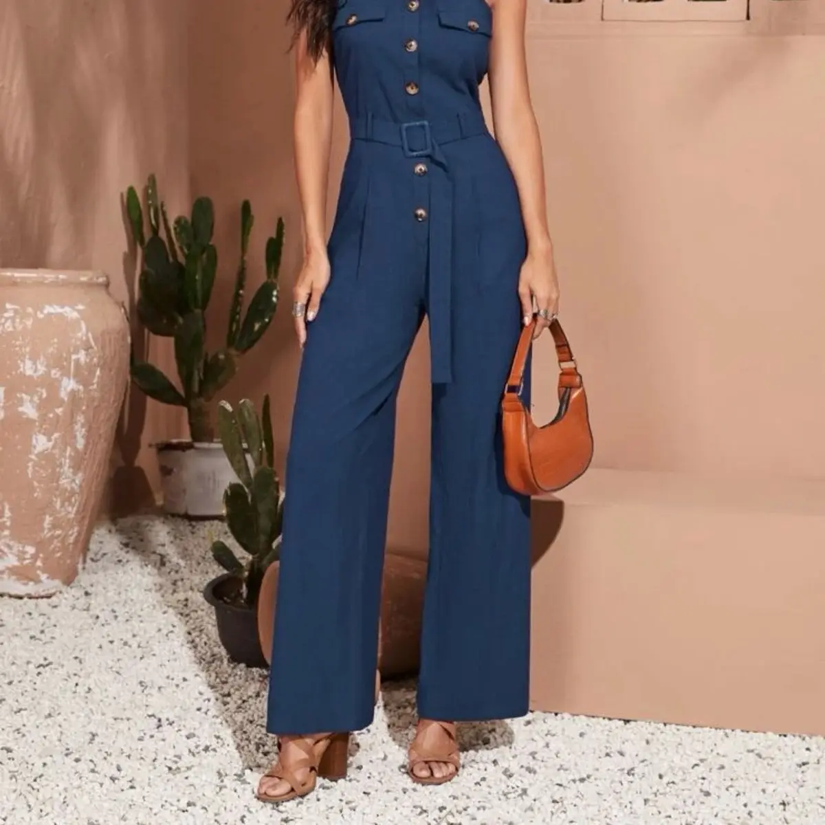 LUNE Flap Pocket Detail Buckle Belted Palazzo Jumpsuit Plain Plain Cotton Plain Plain Plain Plain Plain Plain