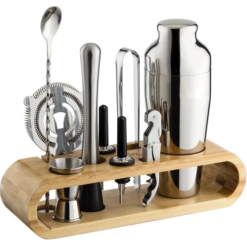 2026 New Elegant 10-Piece Durable Stainless Steel Bar Set Cocktail Shakers - Bamboo Utensil Holder, Jiggers, Spoons, Home Drink Mixing Accessories, Housewarming Gift