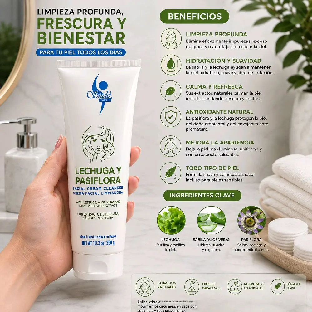 Facial Cream Cleanser, Natural Base Daily Moisturizing Formula for Oily Skin with Lettuce and Passionflower