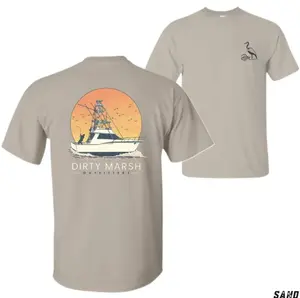Dirty Marsh Outfitters Sunset Fishing Boat TShirt, Vintage Ocean Deep Sea Fishing Tee, Summer Coastal Shirt for Men, Beach Gift for Fisherman Dad & Angler