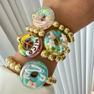 Chunky Gold Beaded Bracelet with Donut Charm (Handmade & Customizable)