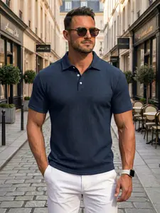 Summer Men's Textured Short Sleeve Polo Shirt, Collared Breathable Casual Business Top, Lightweight Luxury Commute Solid Color Shirt