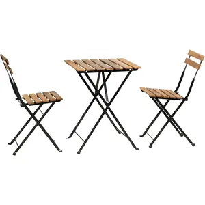 3 Pieces Bistro Set Outdoor Furniture Sets 2 Folding Chairs and Table Steel Frames and Weather-Resistant Wood Portable Design for Bistro & Balcony (Natural)