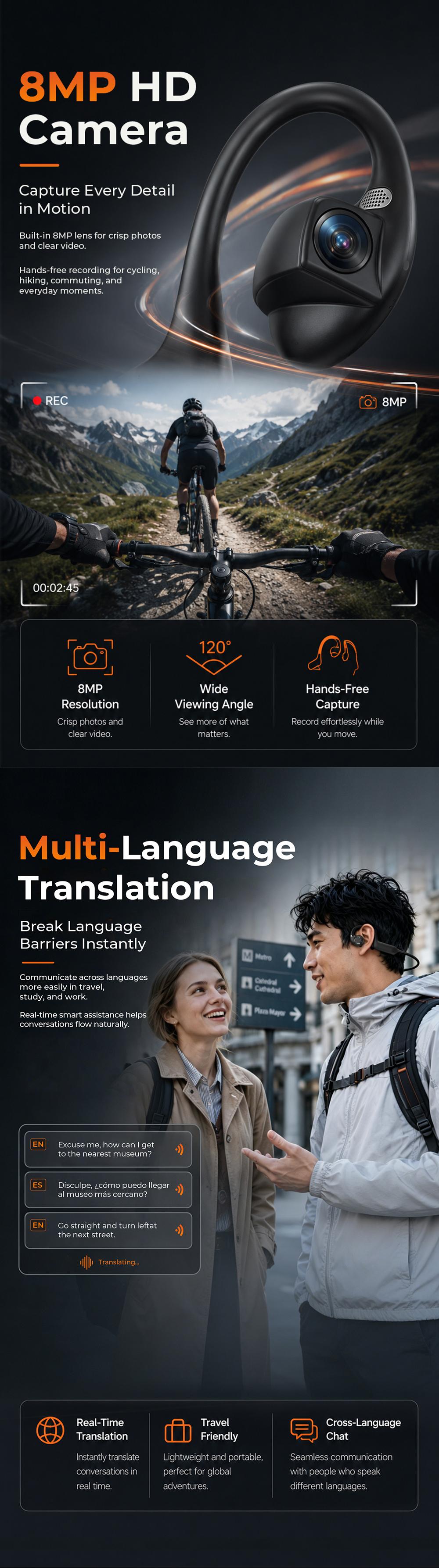 E12 Bone Conduction Bluetooth Headphones With 8MP EIS Stabilized Camera, 160+ Languages Instant Translation, Touch & Button Control, IP54 Waterproof Wearable Headset For Outdoor Cycling Vlog Recording Sports & Daily Communication