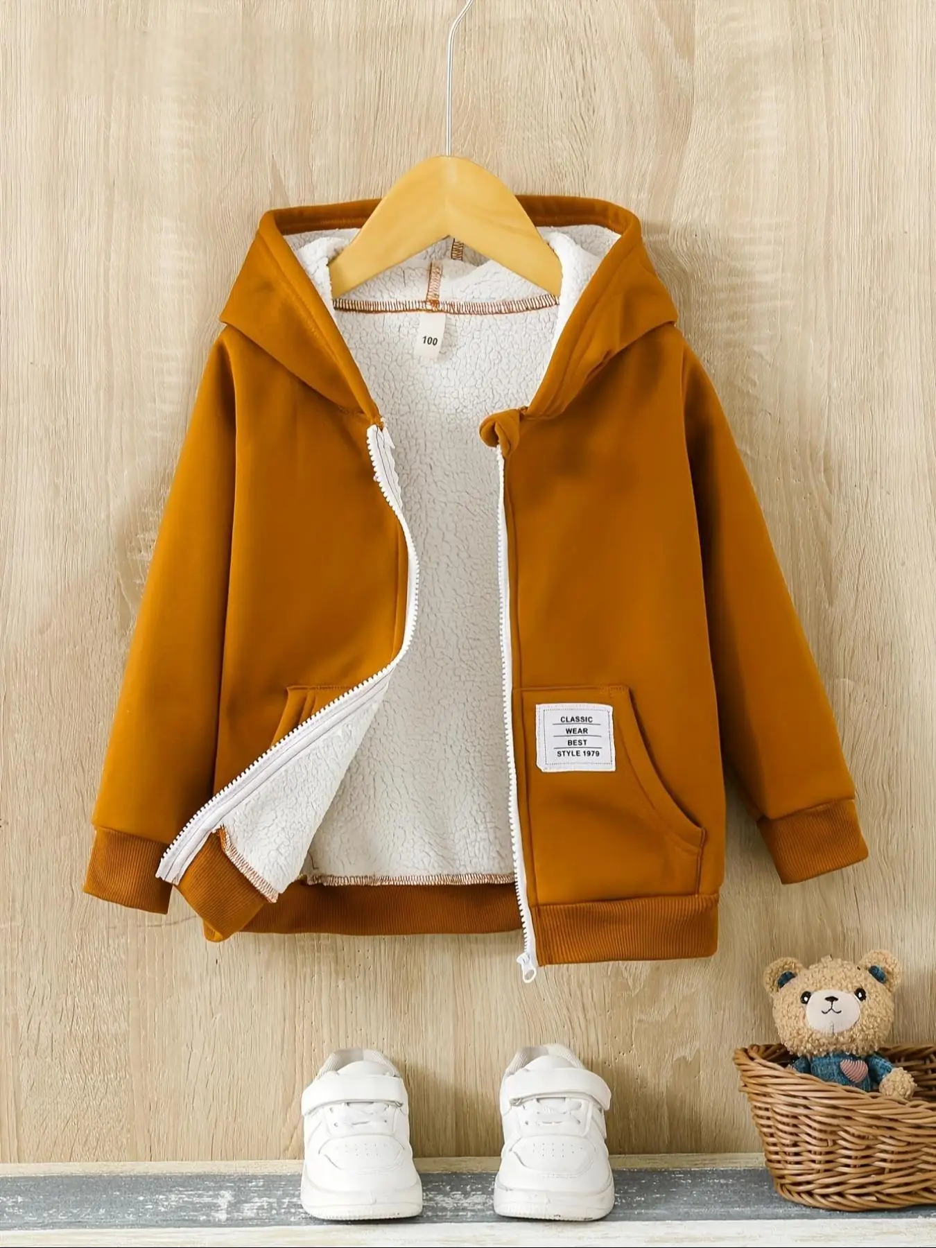 Boy's Letter Patched Thermal Lined Zip Up Hooded Jacket, Casual Long Sleeve Pocket Outerwear for Fall & Winter, Kids Clothes for Daily Wear