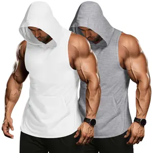 2 Pack Mens Workout Hooded Tank Tops Bodybuilding Muscle Cut Off T Shirt Sleeveless Gym Sport Hoodies Menswear Summer Outfits Breathable Exercise