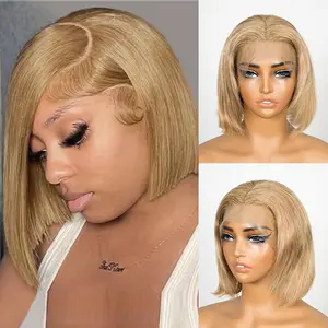 13x4 HD Lace Frontal Wigs Color Honey Blonde Bob Wig Human Hair #27 Pre-Plucked Short Straight Bob Wig for Natural Look