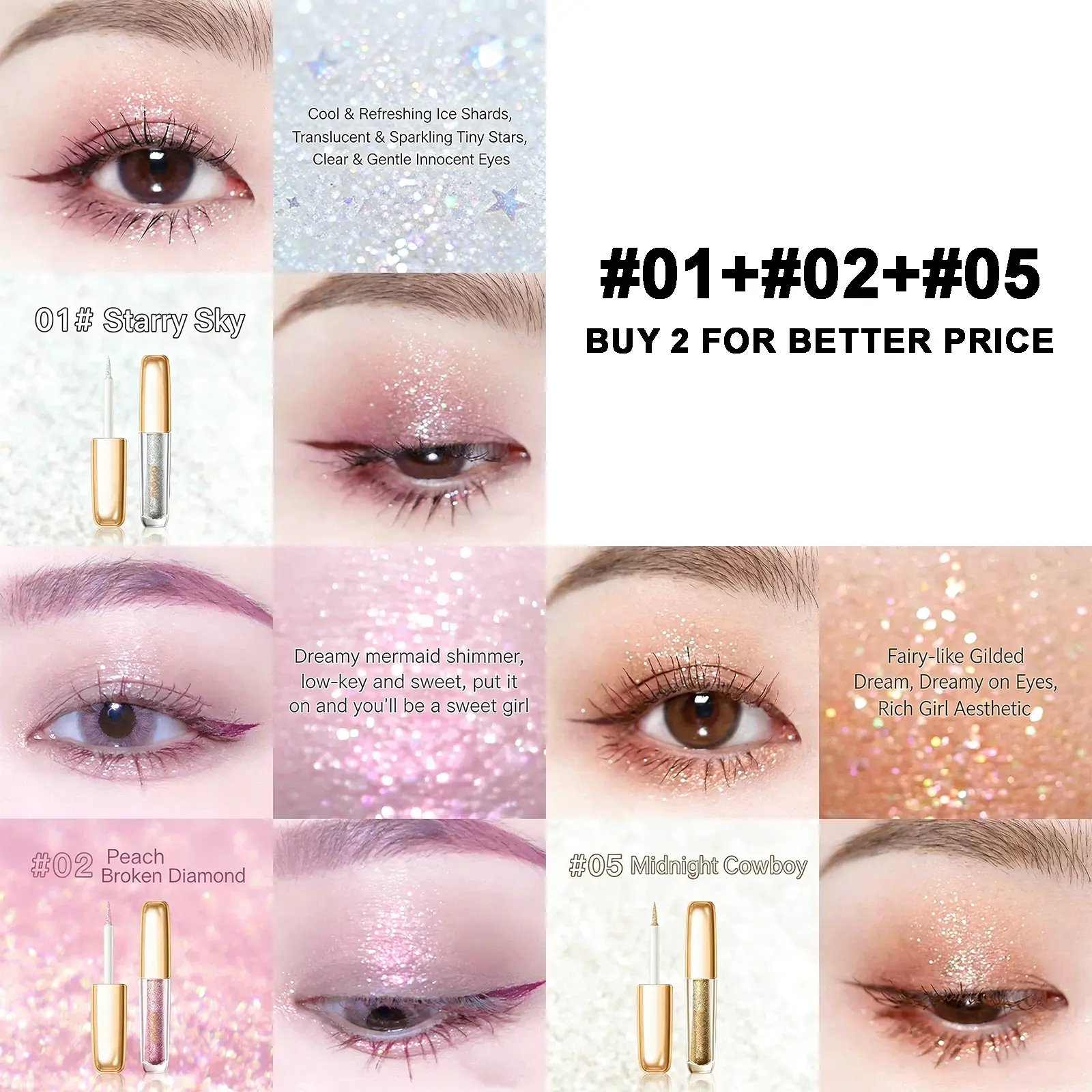 2-Pcs & 3-Pcs Silky Smooth Sparkling Liquid Glitter Eyeshadow, Long-Lasting Metallic Shimmer Stick Cosmetic, Glossy Crystals Makeup for Eye & Face Contour Highlight, Sparkly Makeup, Easy Eyeshadow, Eye Glitter Eyeshadow, Festival Glam Eyeshadow