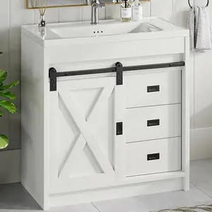 HOMBCK Farmhouse Bathroom Vanity with Cabinet with 3 Drawers & Sliding Barn Door, Freestanding Bathroom Cabinet with Metal Handles