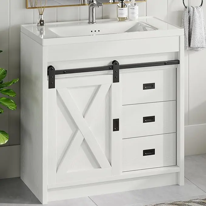[SummerSale] HOMBCK Farmhouse Bathroom Vanity with Cabinet with 3 Drawers & Sliding Barn Door, Freestanding Bathroom Cabinet with Metal Handles #home essentials#back to school