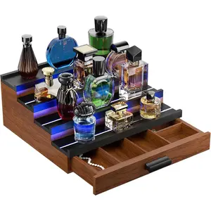 Perfume Cologne Organizer for Men: with LED Light 4 Tier Wooden Perfumes Stand, Desktop Parfum Holder  Display Shelf with Cabinet, Bedroom Makeup Lotion  Storage Rack with Drawer