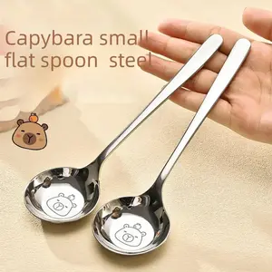 4PCS Thickened stainless steel Capibala flat-bottomed round spoon, household eating spoon, cartoon children's deep soup spoon