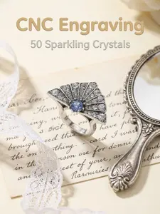 French Vintage Fan-Shaped Women's Ring, Antique Silver Color with Blue Crystal and Rhinestone Decor, Elegant Party Jewelry