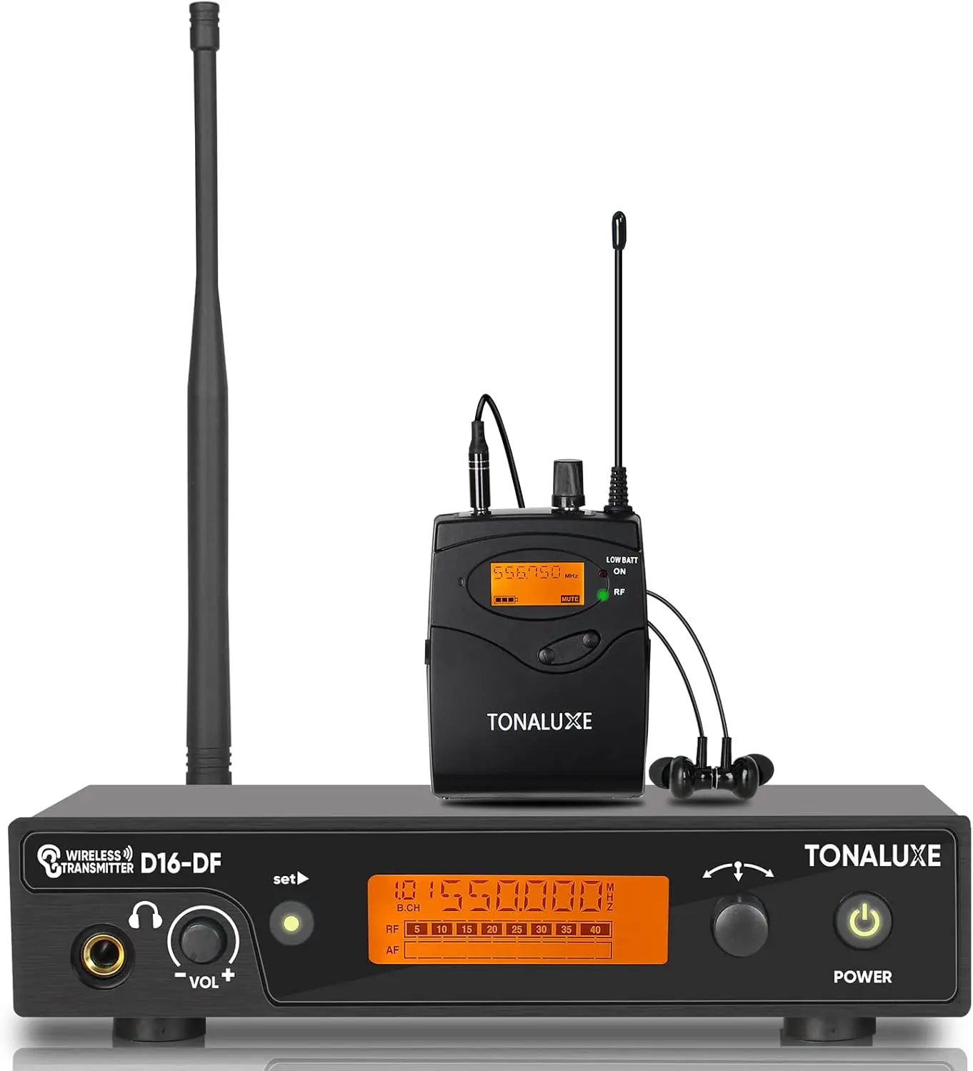 PRO UHF Wireless In-Ear Audio Monitor System - Metal Rack-Mountable Transmitter with LCD Lock, Plastic Adapter, 1 Bodypack Receiver with Earphone, 100 Adjustable Frequencies, 262ft Operation for Singers