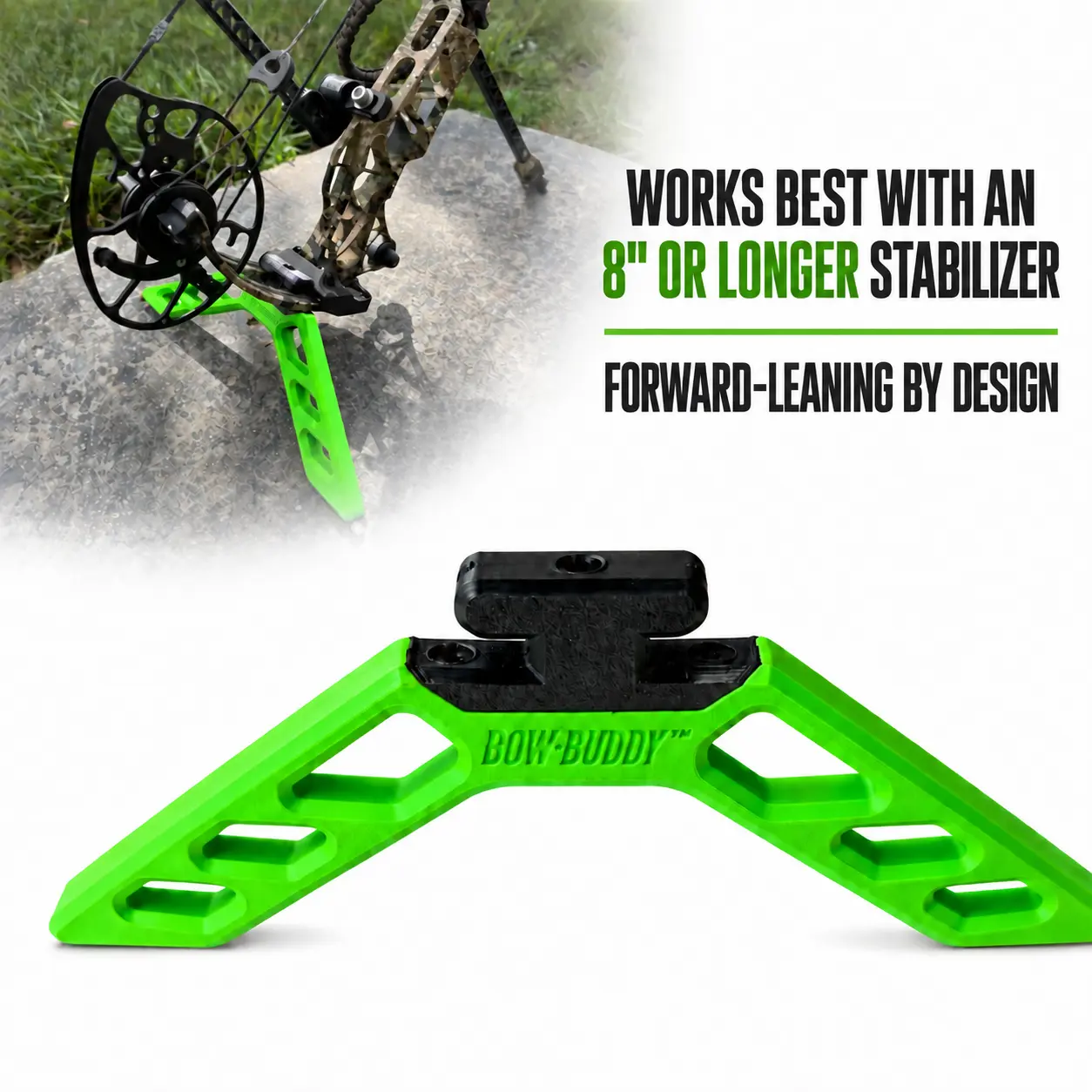 Bow Buddy Kickstand - Works best with bows with an 8”or longer stabilizer - Twist-On /Lean ForwardCompound Bow Stand, Heavy-Duty Durable TPU Rubber, 9x6 in, Nearly Universal Fit for Most Limbs, Keeps Off Ground, Ideal for Adult Hunters & Archery Range Use