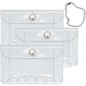 3PCS A7 Binder Pockets 6 Holes Clear Glitter Binder Pouches with Snap Closure, Clear Coin Purse Wallet Card Holder Keychain Pouch Organizer
