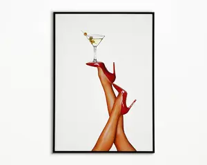 Bottoms Up Art Print, Red Boot Martini Wall Art, Bar Cart Art, Femme Fatale, Cherry Girl Art Print, Retro Print Aesthetic, Martini Print - No Frame