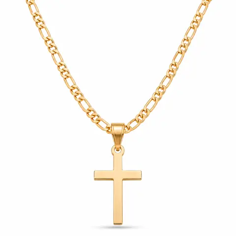 14k Gold-Plated Cross Pendant Copper Necklace, 55cm Figaro Link Chain, Men's Jewelry, Birthday Gift Accessory for Daily Wear