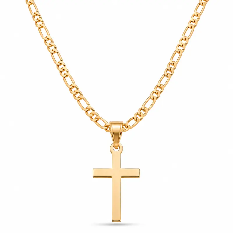 14k Gold-Plated Cross Pendant Copper Necklace, 55cm Figaro Link Chain, Men's Jewelry, Birthday Gift Accessory for Daily Wear