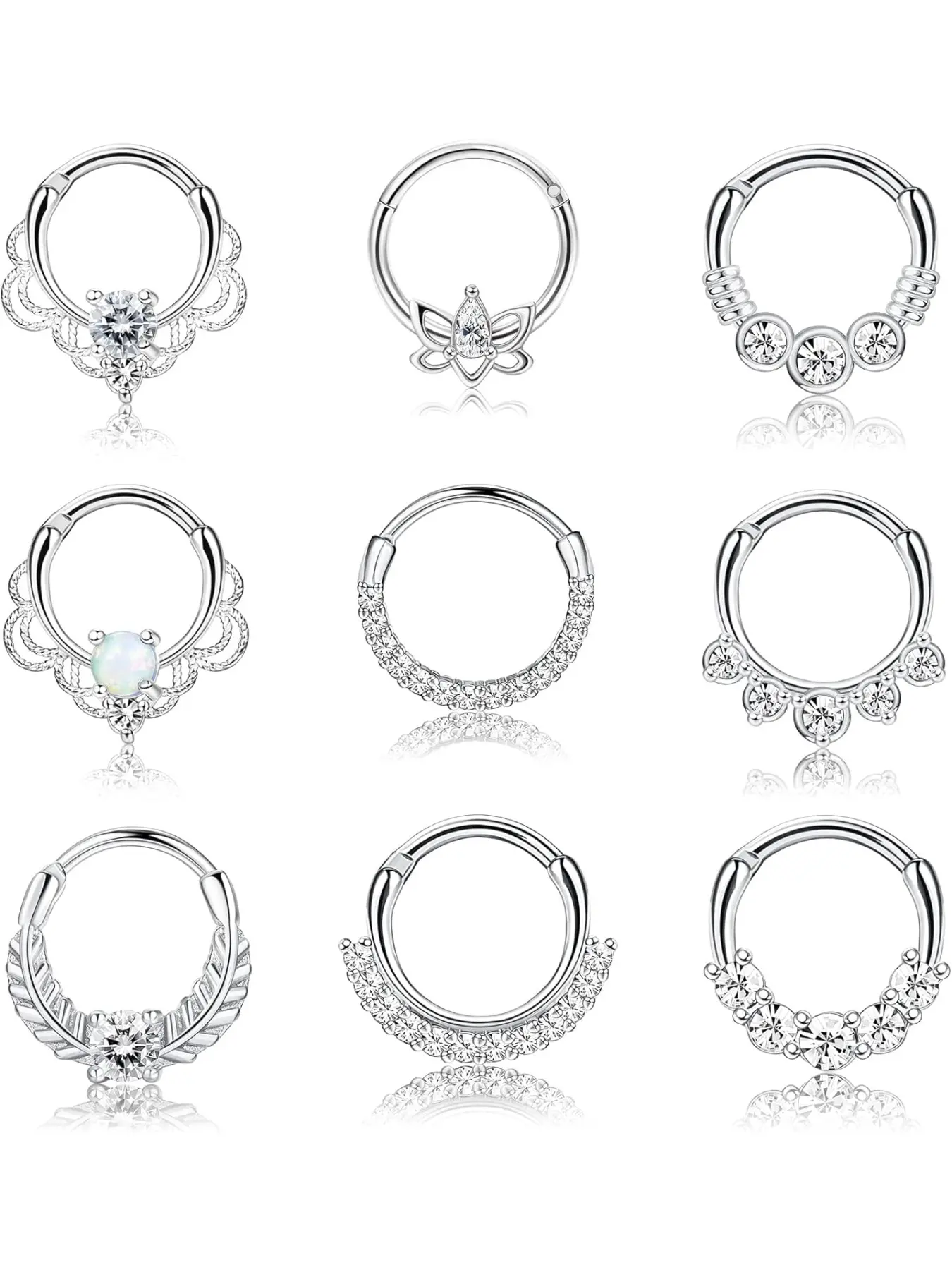8-9 PCS 16G Septum Rings Opal Daith Earrings Hoop Nose Rings 316L Stainless Steel CZ Cartilage Helix Tragus Earrings Septum Clicker Piercing Jewelry Helix Pierced Ring Cartilage Stud Rhinestone Nose Rings