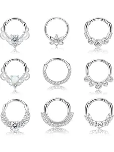 8-9 PCS 16G Septum Rings Opal Daith Earrings Hoop Nose Rings 316L Stainless Steel CZ Cartilage Helix Tragus Earrings Septum Clicker Piercing Jewelry Helix Pierced Ring Cartilage Stud