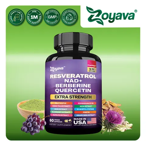 Zoyava Resveratrol Supplement - All-in-One Supplement for Skin Aging Support with NAD+ & 14+ Extra Strength Ingredients - Made in USA - 60 Capsules