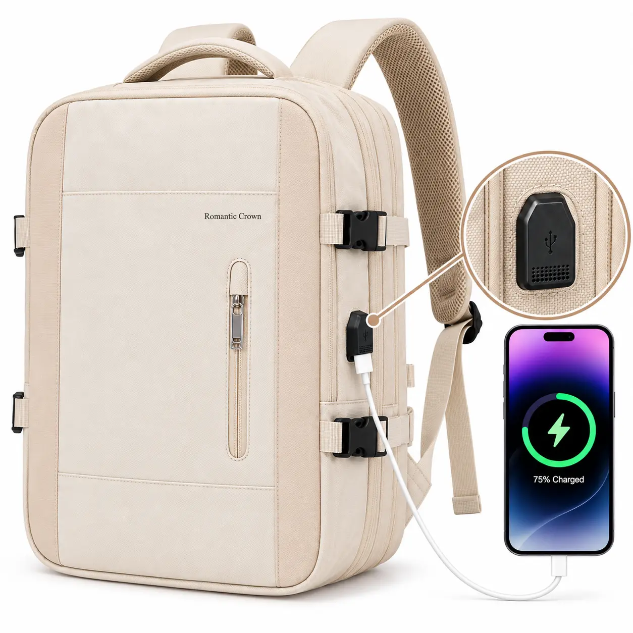 LUMSUME Expandable Travel Rucksack, 15L-22L Capacity, Water-Resistant Carry-On Backpack with 15.6" Laptop Compartment, USB Charging Port, Luggage Strap for Work & Business Trips