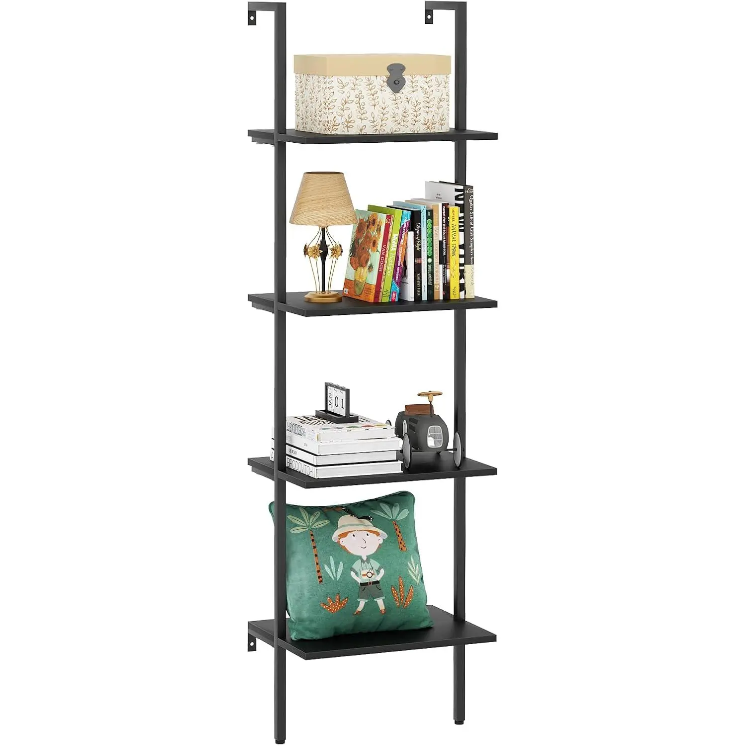 Ladder Shelf 4 Tiers Metal Industrial Bookshelf,Black Wooden Tall Open Storage Rack and Display Shelves,Wall Mount Wide Book Case for  Office Bedroom,Small