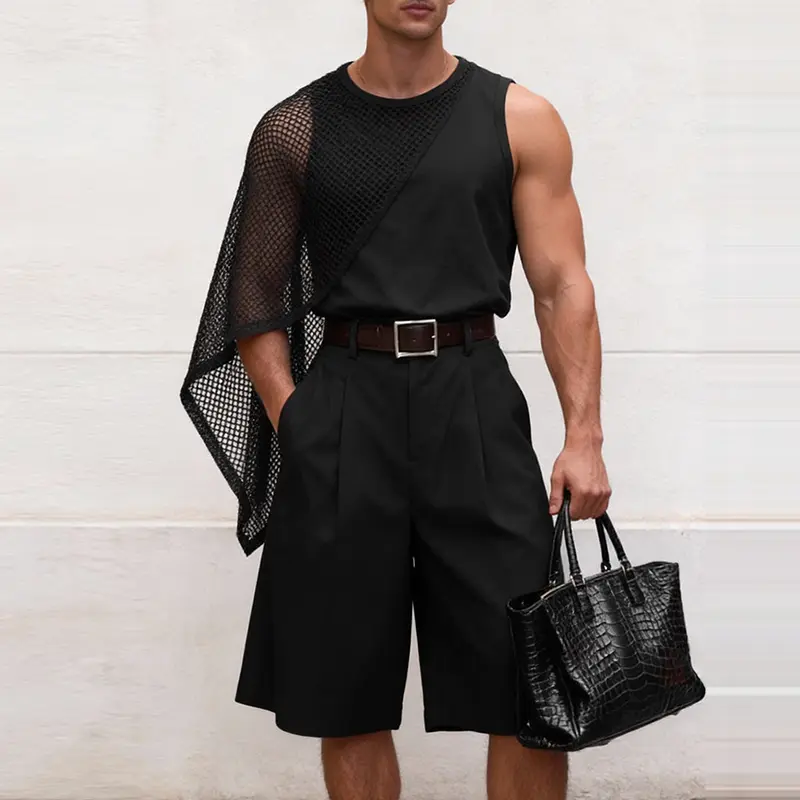 INCERUN Menswear 2-Piece Men's Set - Round Neck Sleeveless Mesh Hollow Cloak Patchwork Vest, Basic Simple Polyester Zipper Black Shorts for Summer Party Casual Outfits