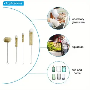 4 Pack Straw Cleaner Brush Set, 1 Set Stainless Steel Natural Pig Bristle Wool Tip Pipe Wire Cleaning Brush with Hook for Lab Glass Supplies Flask Tube Bottles
