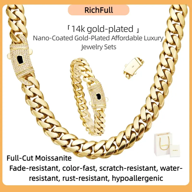 14K gold-plated affordable luxury jewelry Cuban bracelet and necklace set.10 mm nano electroplated gold coating.Stainless steel chain.Moissanite fully set with stones.Daily wear, party occasions, swimming and fitness, couples’ wear, gift box packaging—an