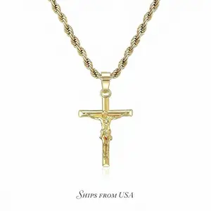 14k gold-plated Jesus Christ Cross pendant necklace, unisex, made of stainless steel, suitable for everyday wear as a religious ornament. Premium Quality Timeless Design