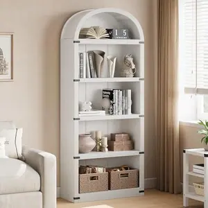 White Bookcase 5 Shelf Arched Bookshelf 71.65 in Tall Bookcase Farmhouse Display Storage Rack Wooden Bookshelves for Home Office, Living Room