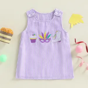 Toddler Baby Girls MardiGras Dress Fashionable Cute Facewear Embroidery Sleeveless Striped Dress