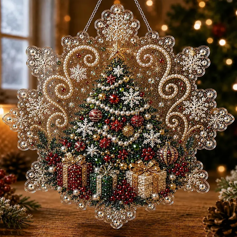 DIY Christmas Festive Diamond Art Pearl Suncatcher Crafting Kit for Adults - DIY Needlework Arts Making Kit, Pre-Assembled Metal Chain, 8in Acrylic Snowflake Board with Lace Edge, 3D Mixed-Sized Pearl Beads