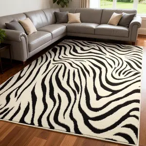 YIHOUSE 8×10 Ft Modern Geometric Abstract Zebra Striped Flat Woven Decorative Area Rug, Black-Cream White Graphic Rug, Washable Nonslip Non-Shedding for Living Room, Bedroom Living Room Decor
