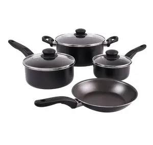 7 Piece Non Stick Aluminium Cookware Set Black Essential Kitchen Pots and Pans Set for Versatile Cooking and Easy Cleaning