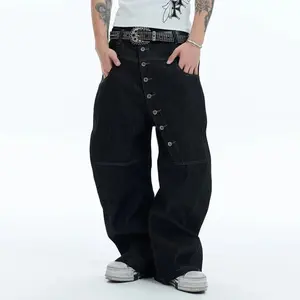 Kyn Apparel Korean High Street Buckle Curved Jeans Autumn Men'S Loose Straight Leg Pants Black Wide Leg Pants Casual Pants Hip-Hop Pants