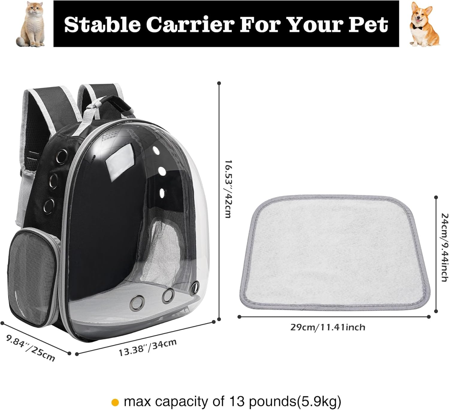 Cat Backpack, Airline Approved Bubble Carrying Bag for Small Medium Dogs Cats, Space Capsule Pet Carrier Dog Hiking Backpack Travel Carrier and Padded Straps Mochila para Gatos transportadora mascotas (Black)