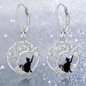 Fashion Black Cat Tree of Life Round Earrings for Family and Friends Birthday Christmas Gifts