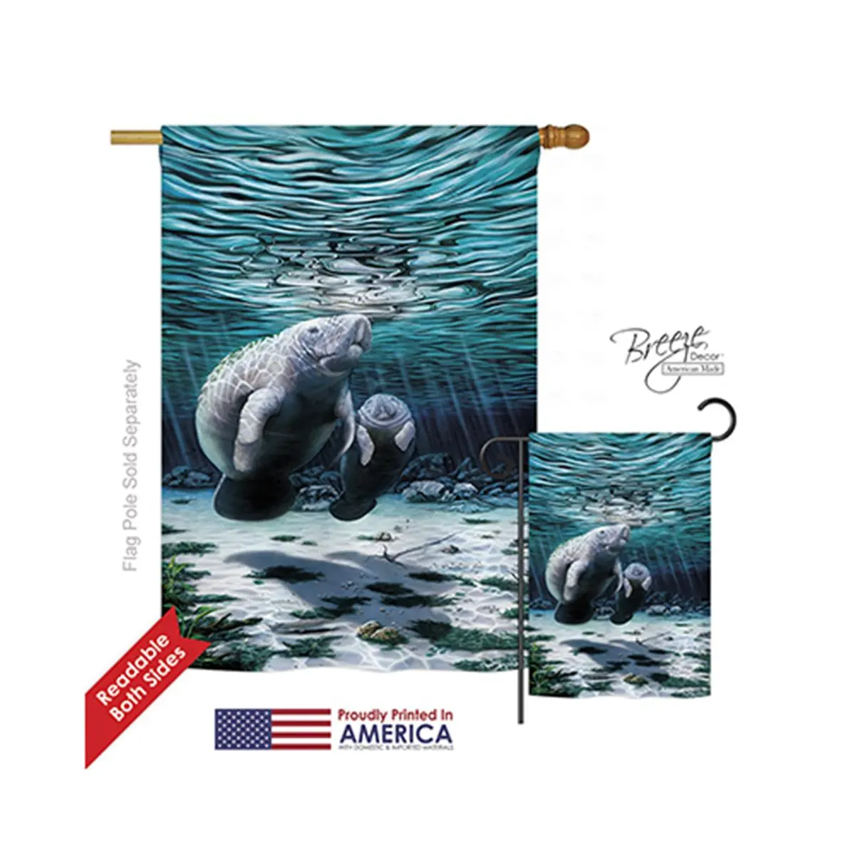 Breeze Decor 07049 Polyester Outdoor Vertical House Flag - 28x40 in, Nautical Art Manatee Design, Double-Sided, Fade Resistant, Original Artwork, Pole Mount Compatible, Beach