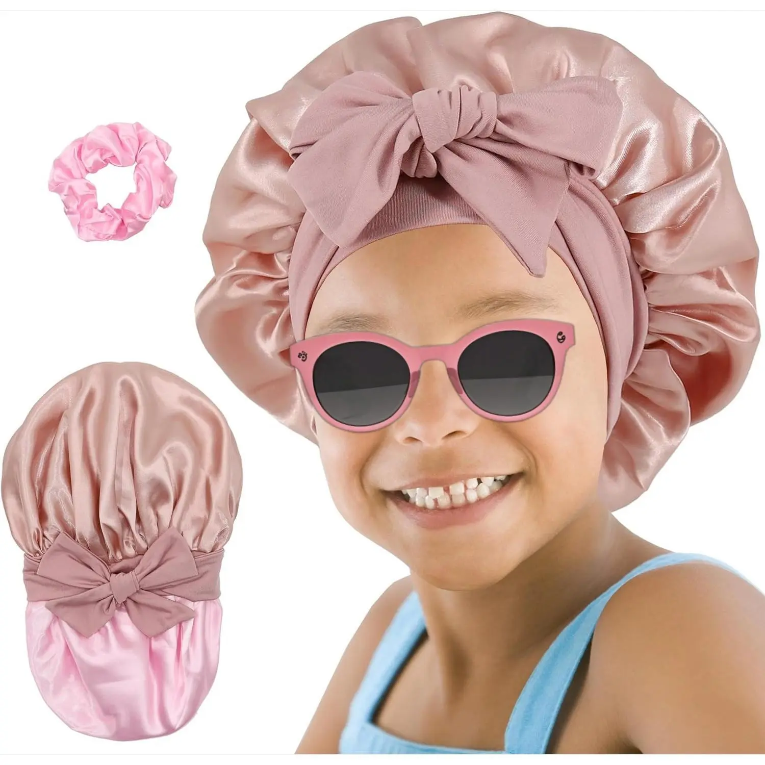 KF5-KC01   Kids Bonnet for Girls, Silk Bonnets for Kids Boys, Double Layer Satin Bonnet Sleep Cap for Child Curly Hair(3-12Y)