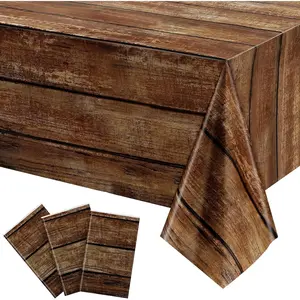 3 Pcs Brown Wood Grain Rustic Plastic Table Covers for Rectangle Table, Vintage Farmhouse Tablecloth Decor for Western Barn Birthday Wedding (54 x 108 Inches)