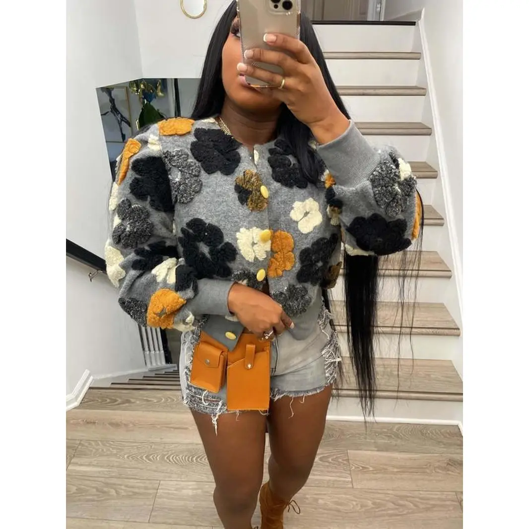 【Faith Devine Exclusive】 Women'S Floral Jacquard Button Front Jacket, Fall Outfits, Casual Long Sleeve round Neck Outerwear for Daily Wear, Ladies Clothes for All Seasons, Experimental Outfits, 80S Fashion Does not apply
