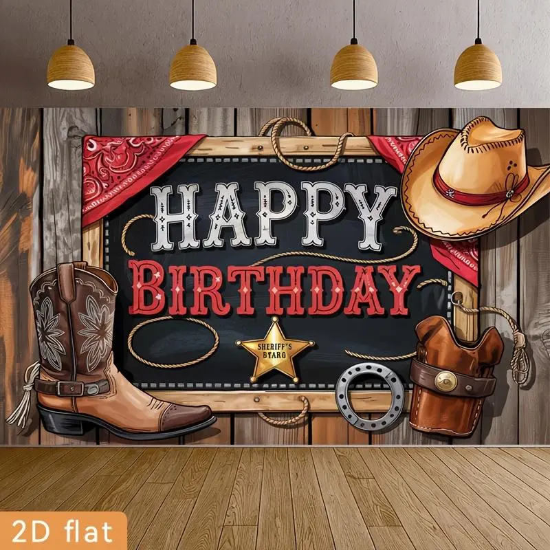 2D Flat Banner 1pc, Birthday Party Banners Western Cowboy Hat Boot Rope Horseshoe Sheriff Badge Happy Birthday Polyester Backdrop Event Decorationhome Room Farm Garden Courtyard Photography Live Streaming Wedding Club G Home Party Decorations