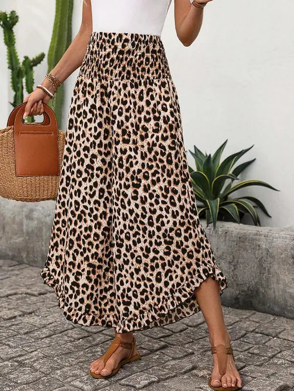 Women’s Leopard Print High-Waisted Elastic Waist Flared Baggy Wide-Leg Pants - Funky Minimalist Irregular Comfy Long Trousers for Casual Daily Wear & Party Gatherings