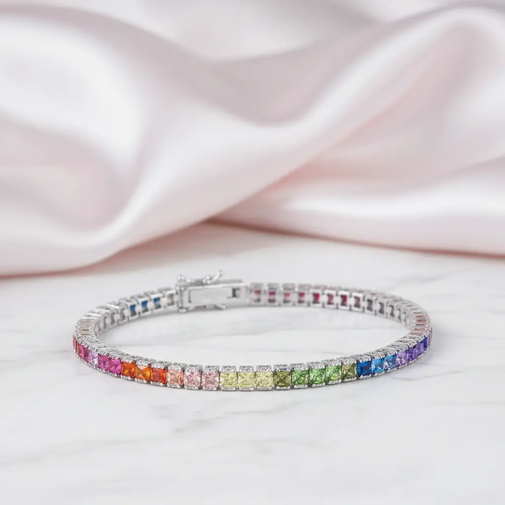 4 Prong Square Rainbow Crystal Tennis Chain Bracelet