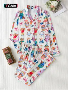 Women's Two-Piece Striped Bear Heart Bow Print Long Sleeve Pajama Set, Button-Front Top & Loose Comfortable Pants, Casual Spring & Fall Sleepwear