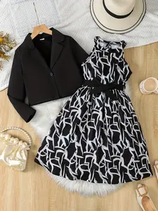 Ready Stock 7-14Y Kid Girls Elegant Dress Set Geometric Pattern Halter Neck Dress and Button-Up Short Blouse Jacket 2Pcs Clothes for Outdoor Events, Parties 42505041